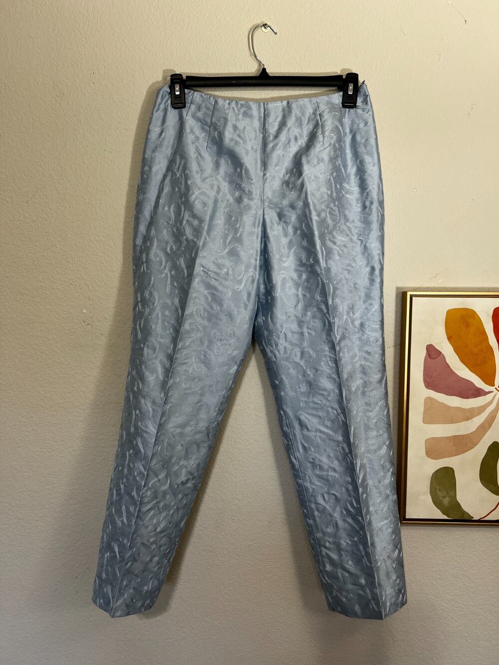 Talbots Petites Pure Silk Pants Womens 12P Blue Jacquard Brocade Dress Trousers